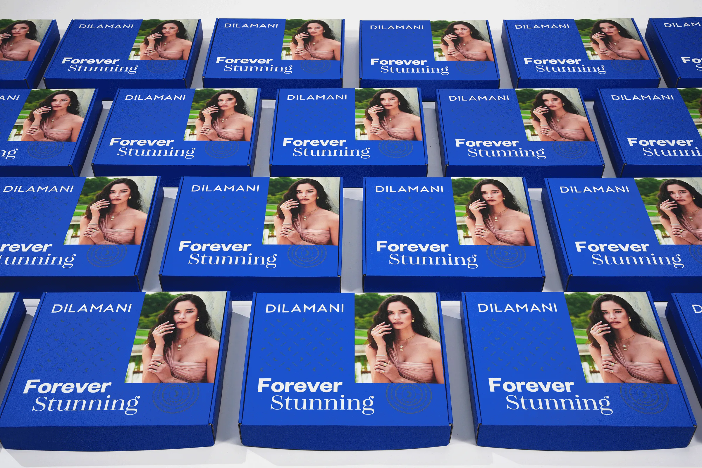 Dilamani boxes in rows, each printed with “Forever Stunning”