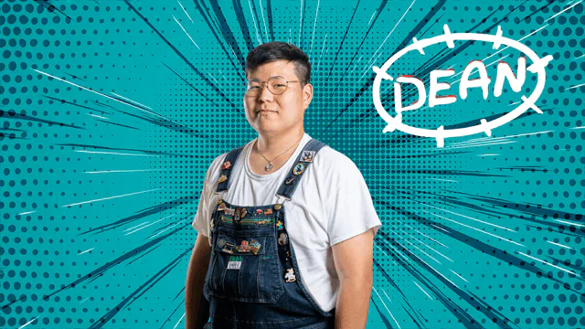 Dean on a teal comic burst, the name in a hand-drawn badge