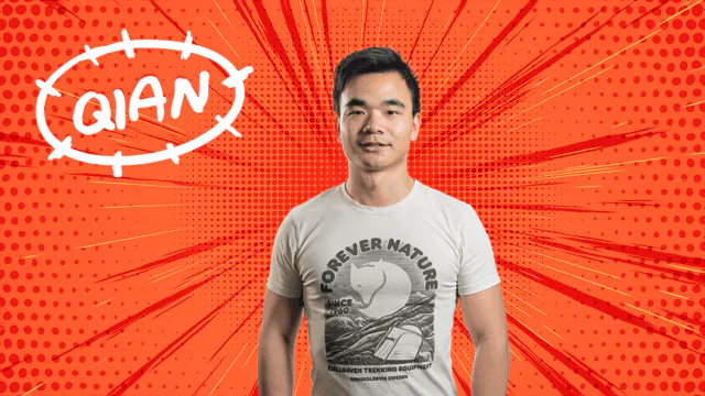 Qian on an orange comic burst, the name in a hand-drawn badge