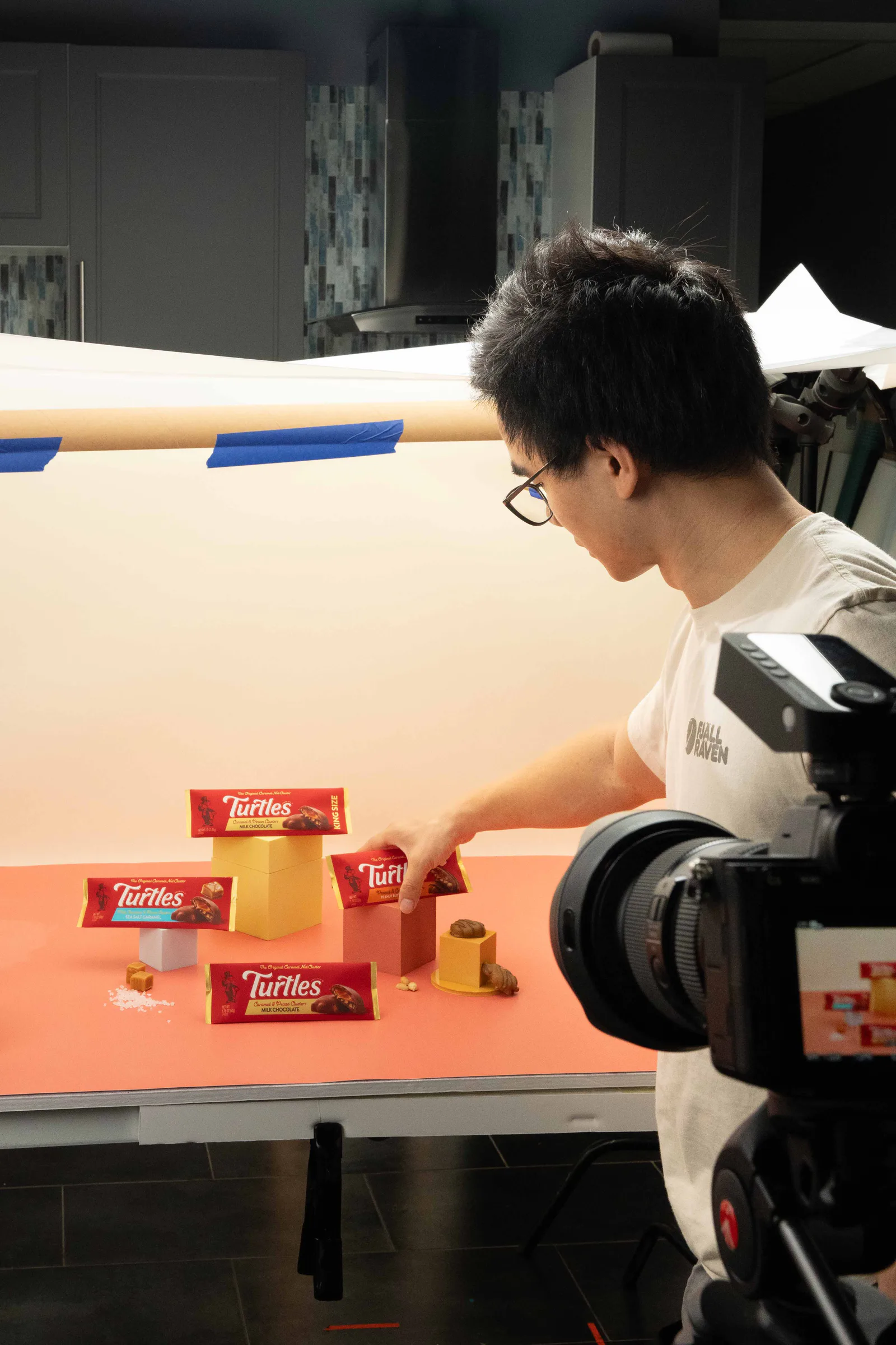 Setting up a Turtles shot on the orange set, the camera in front