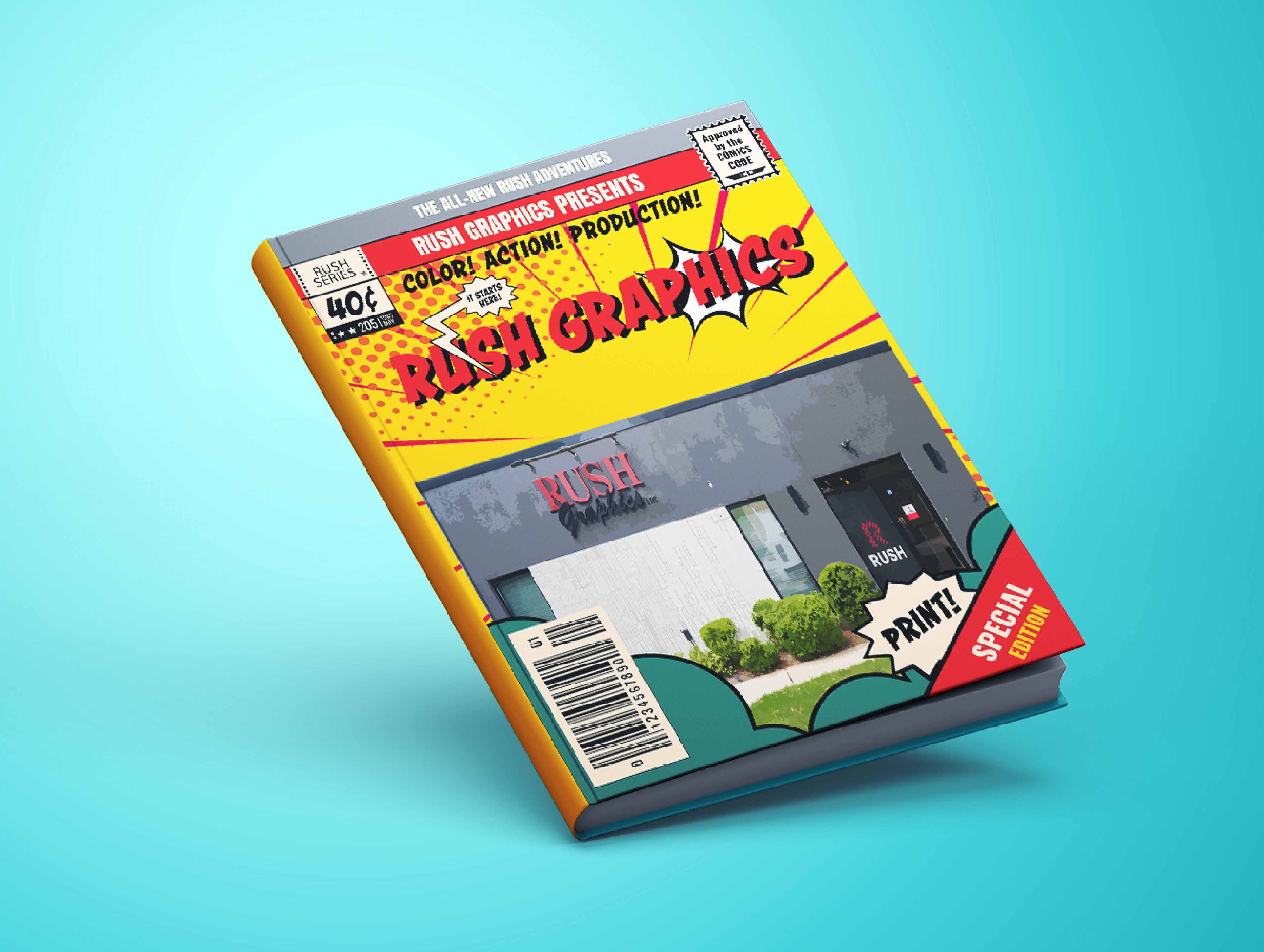 A comic book cover reading Rush Graphics Presents, with the Rush Graphics building on the front