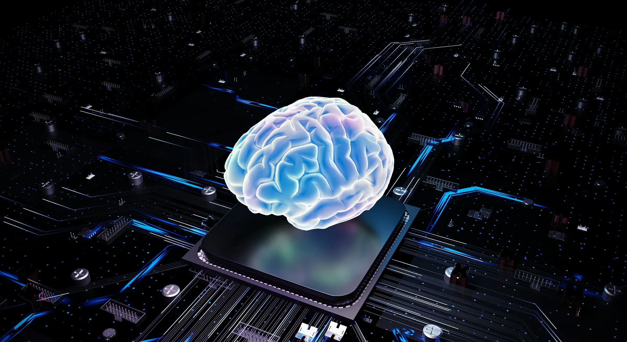 A glowing brain over a computer chip