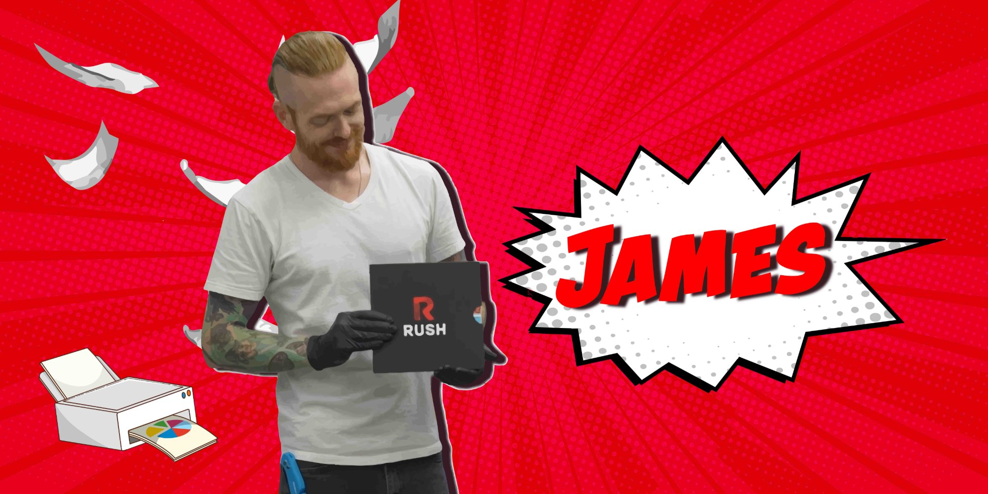James, Production, holding a Rush folder on a red comic burst background
