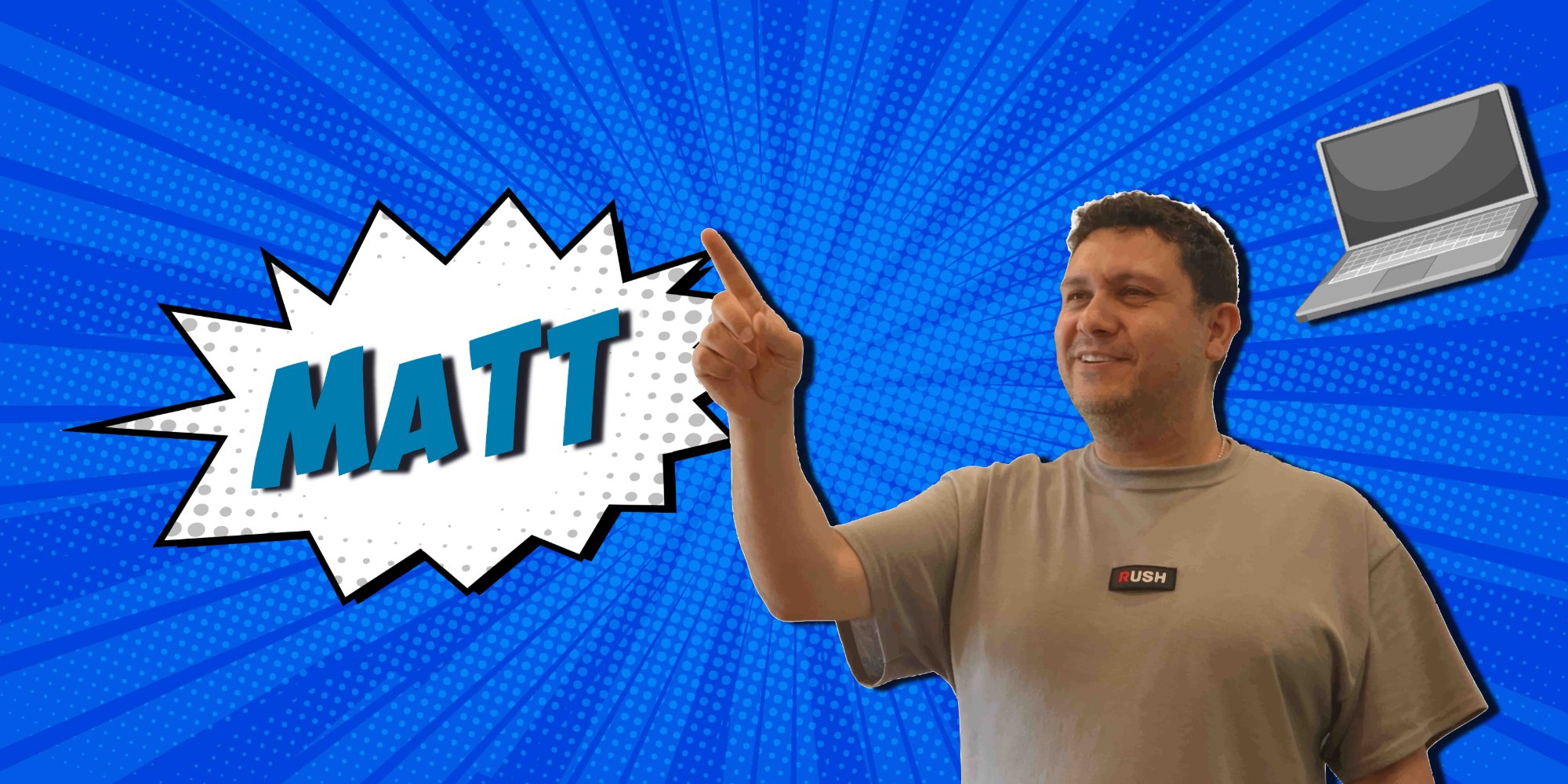 Matt, Operations, pointing up on a blue comic burst background